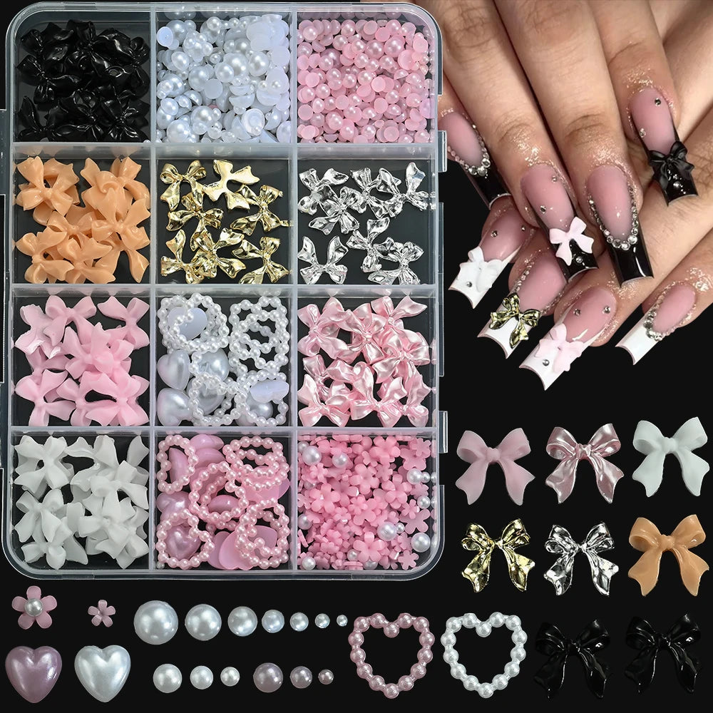 12Grids 3D Multi-Colors Ribbon Flower Nail Art Charms Simulated Perals Love,Metal Bowknot Nail Decoration DIY Manicure Accessory
