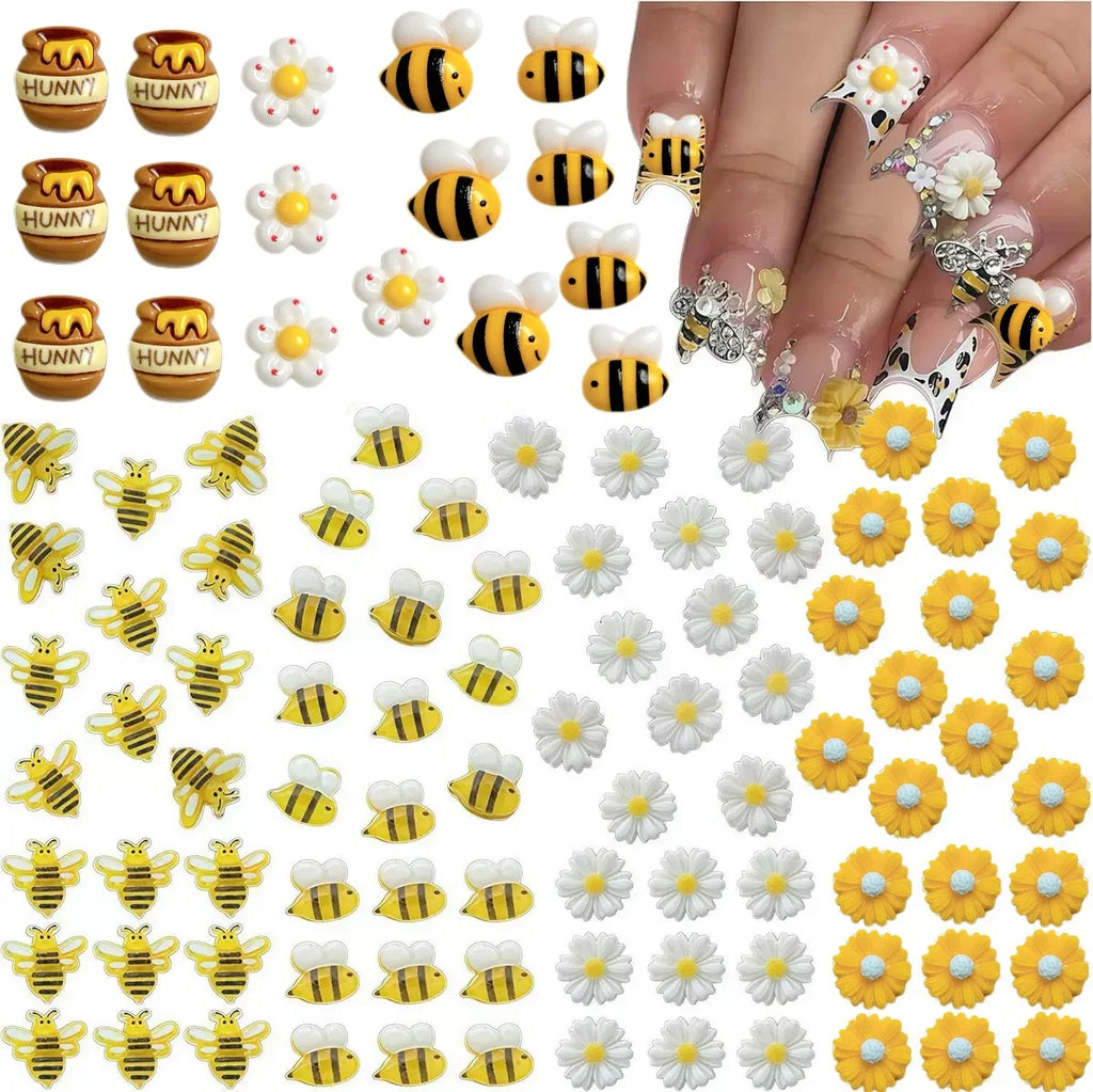 30PCS 3D Cartoon Cute Yellow Bee Nail Art Charms Creative Chubby Honey Can Sunflower Daisy Resin Nail Decorations for DIY Nails