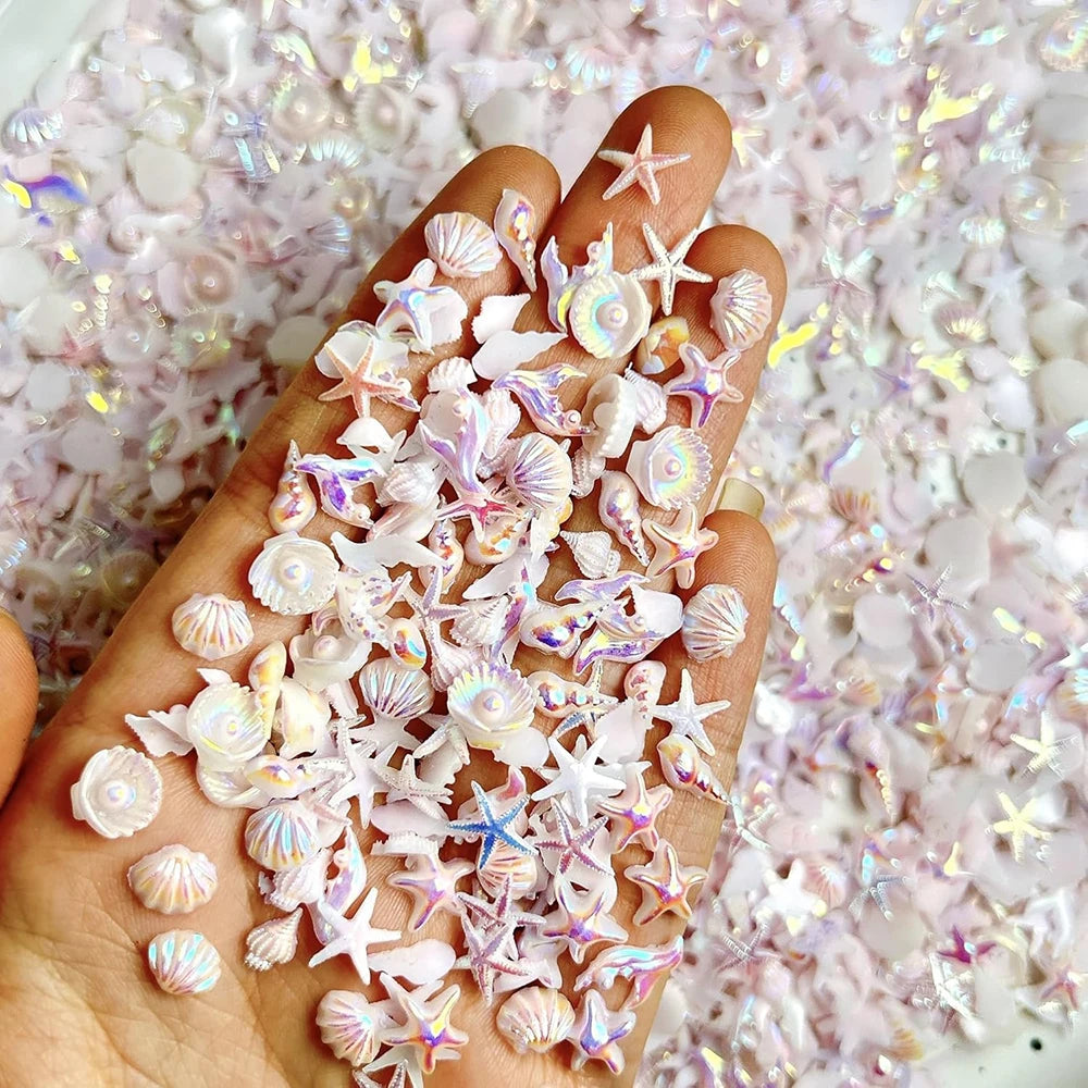50pcs Mix Summer Beach Nail Rhinestones Ocean Theme Shell Starfish Manicure Charms Pink Ocean Gems Flat Back Nail Supplies