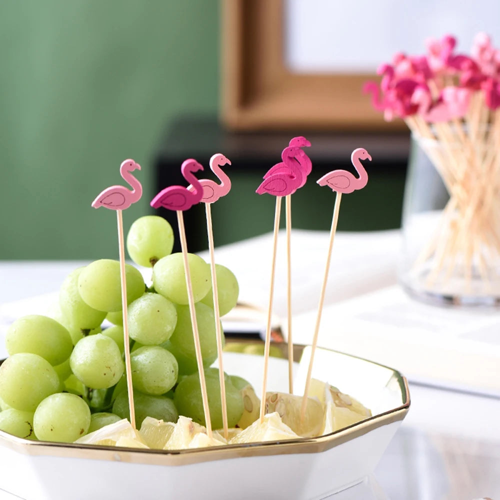 100/50Pcs Hawaii Party Cocktail Sticks Bamboo Skewers for Salad Dessert Disposable Forks Buffet Fruit Birthday Party Wedding