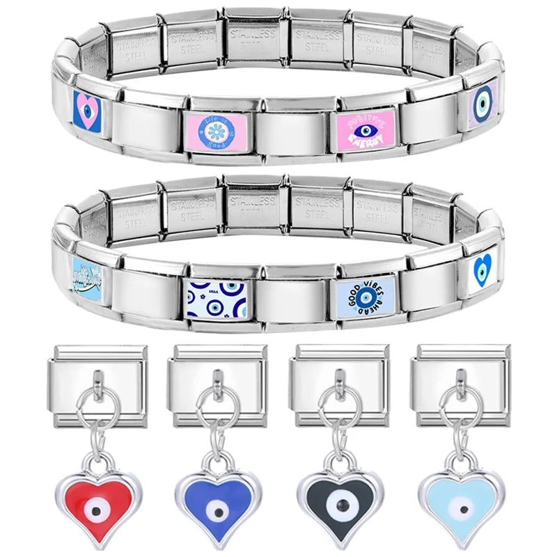 Wholesale New 2025 Devil Eye Blue Eye Heart Square Beads fit Italian Charm Links 9mm Stainless Steel Bracelet Jewelry DIY Making
