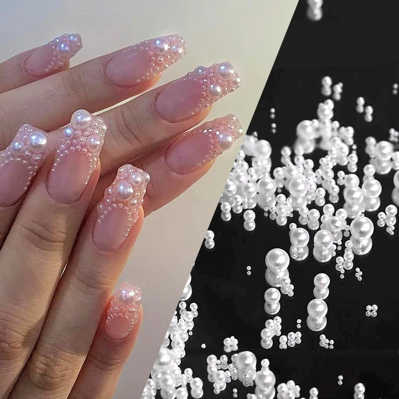 White Pearls Nail Beads DIY Manicure 3D Nail Art Decoration Rhinestone Half Round Mixed Size Beige Flatback Nail Material Supply