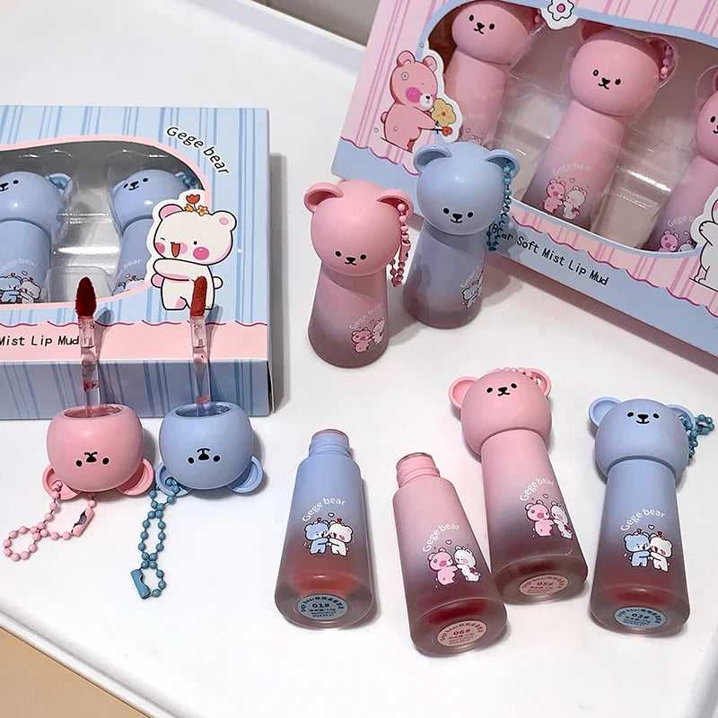 Gege Bear Cute Bear Pendant Matte Lip Glaze, Matte Velvet Lip Clay Long-lasting Color Non-drying Autum Winter Lipstick