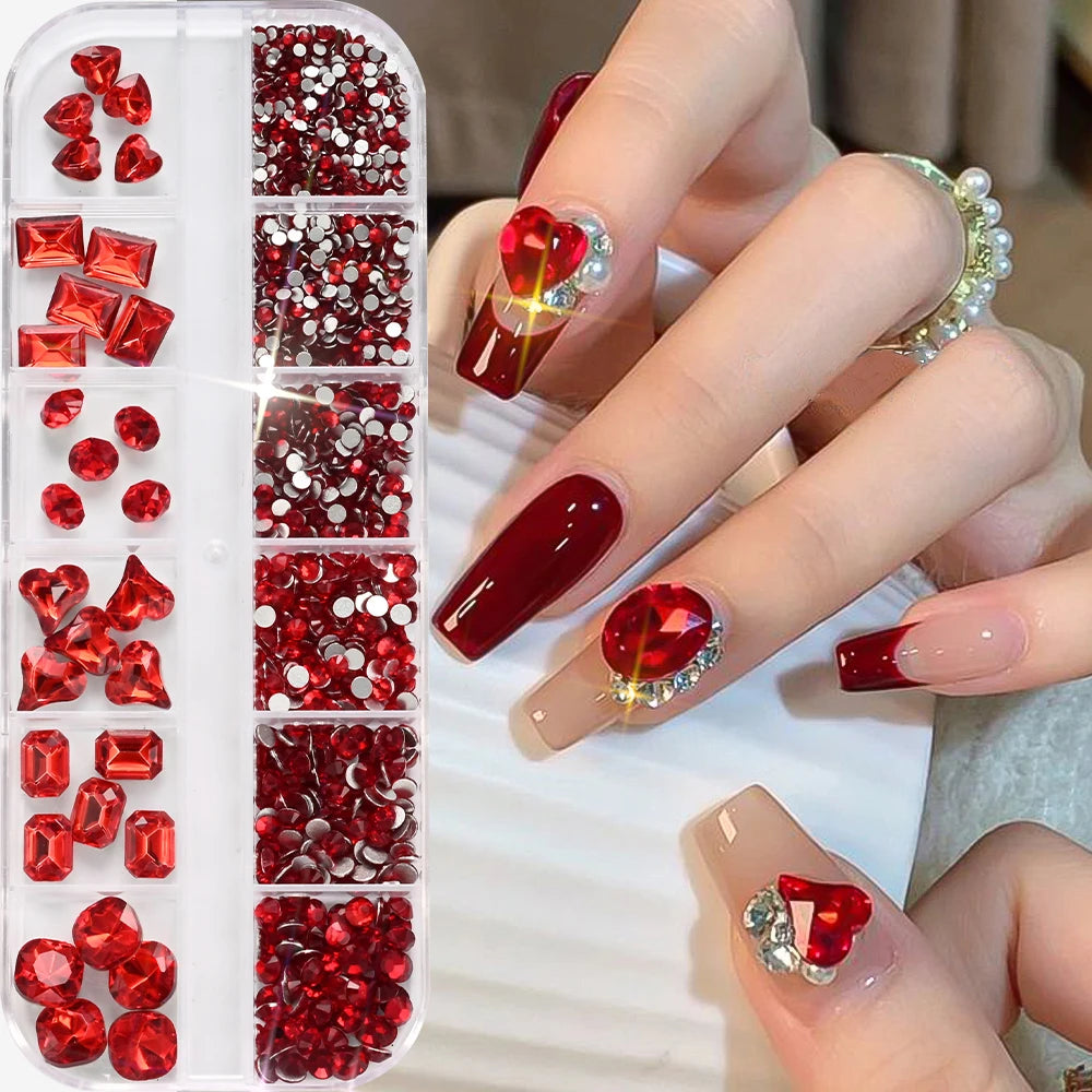 12Grids 3D Lake Blue Mixed Shape Nail Rhinestones Square/Round/Heart Glass Diamond Nail Art Charms Luxury Manicure Jewelry Gems