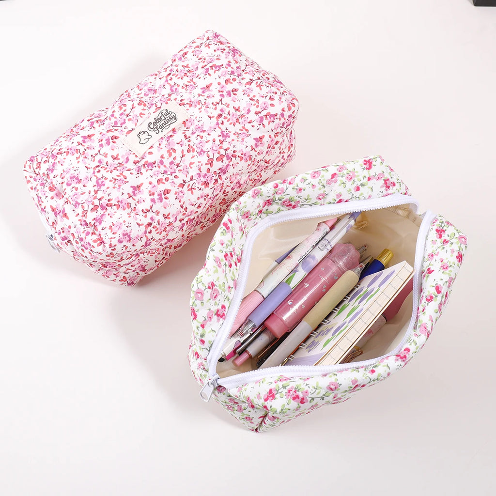 Floral Print Pencil Case Large Capacity Zipper Portable Stationery Organizer for Students Office Desktop Supplies Back to School