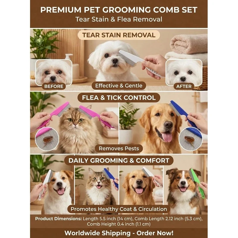 Pet Tear Stain & Flea Comb Fine Tooth Stainless Steel Grooming Comb For Dogs Cats Eye Face Hair Debris Removal