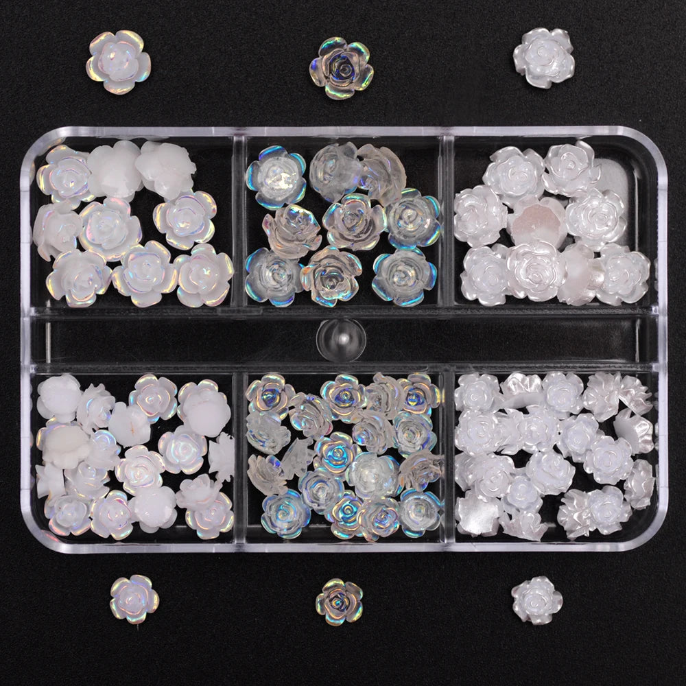 3D White Aurora Camellia Nail Art Charms Rhinestones 90PCS Jewelry Acrylic Resin Decorations DIY Crafts Flowers Manicure Design