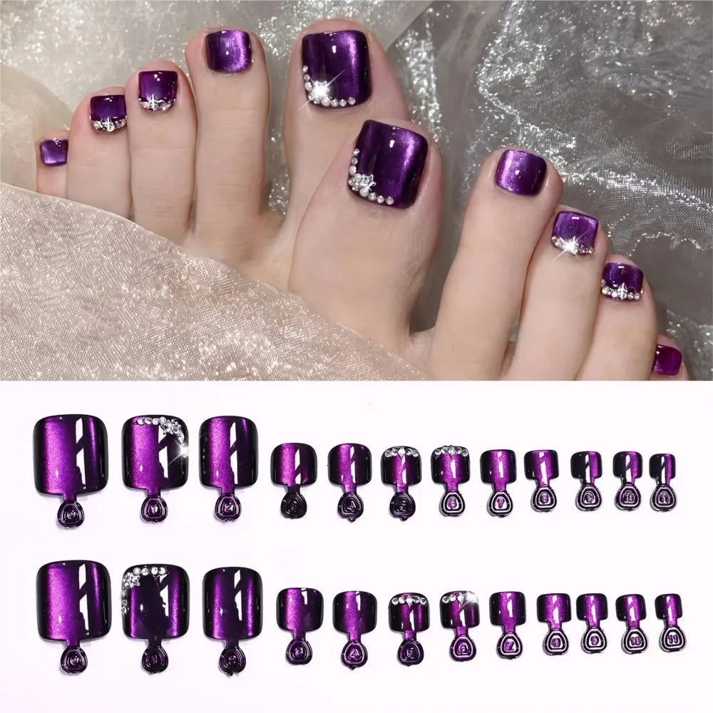 24pcs Glossy Purple Cat Eye Short Square Press On Toenails Shiny Diamond French False Toe Nails Full Cover Acrylic Toenails DR4@