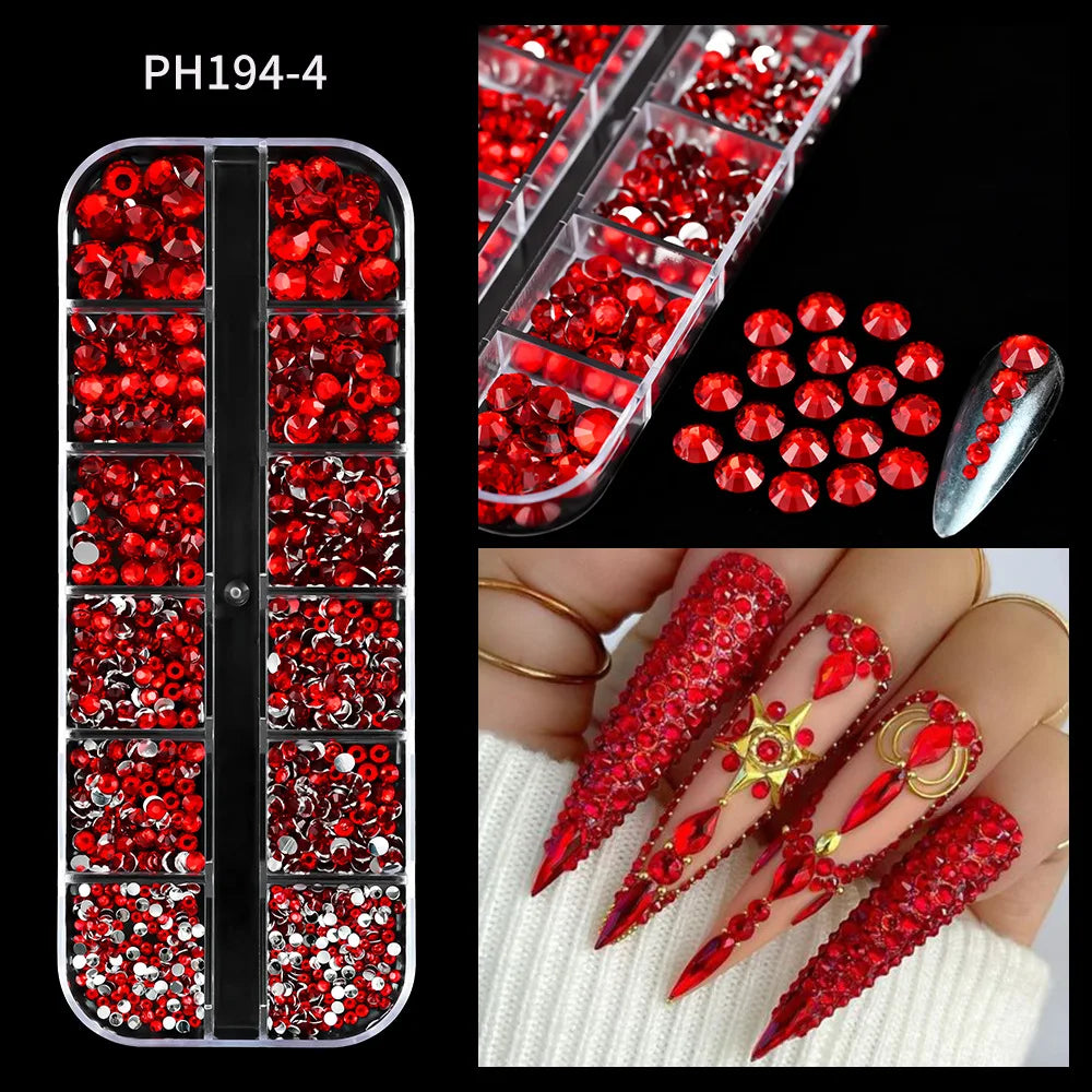 12 Grids Mixed Size Luxury Nail Rhinestones Set 3D Resin AB Crystal Round Glass Bead Gems Nail Art Charms 2mm-6mm Nail Diamond