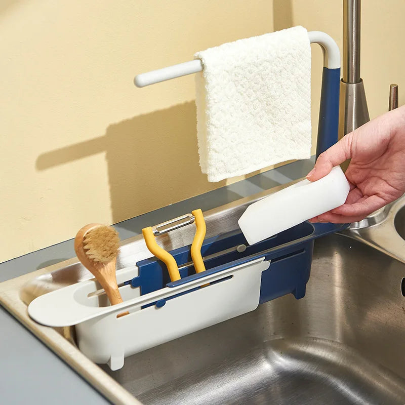Multifunctional Telescopic Sink Storage Rack Upgraded Adjustable Holder For Kitchen Sponge Organizer With Drainer Basket