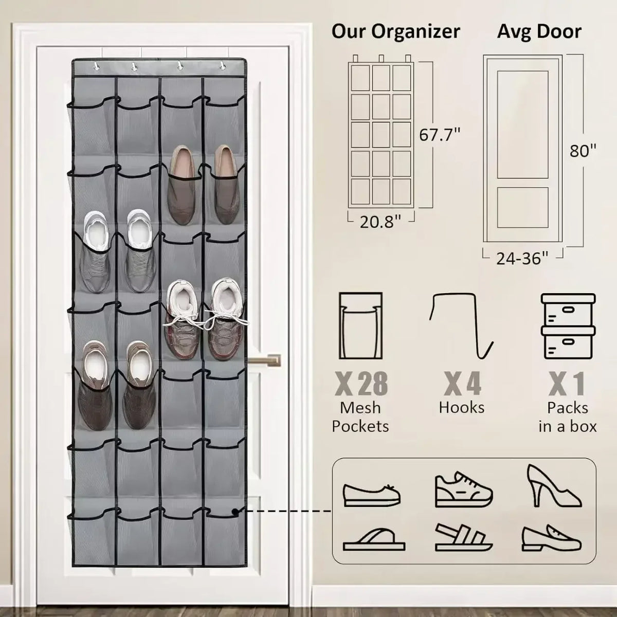 14/24/40 Grids Over The Door Shoe Rack  Mesh Pockets Hanging Shoe Organizer For Closet Hanging Shoe Rack Holder