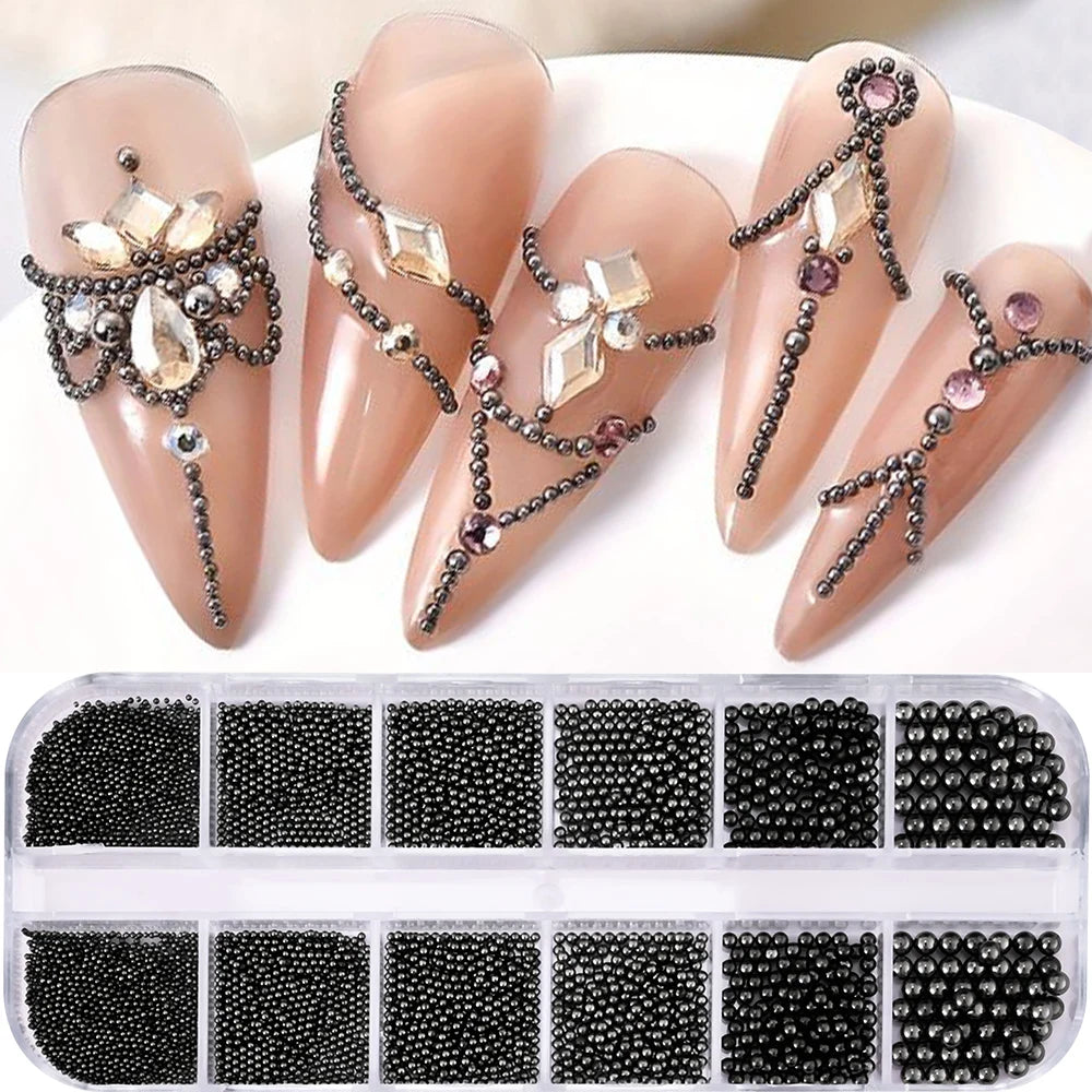 12Grids Gold/Silver Steel Beads Nail Art Charms Christmas Mixed-Size Caviar Bead With 1 Magnetic Pen Manicure Decor Rhinestones