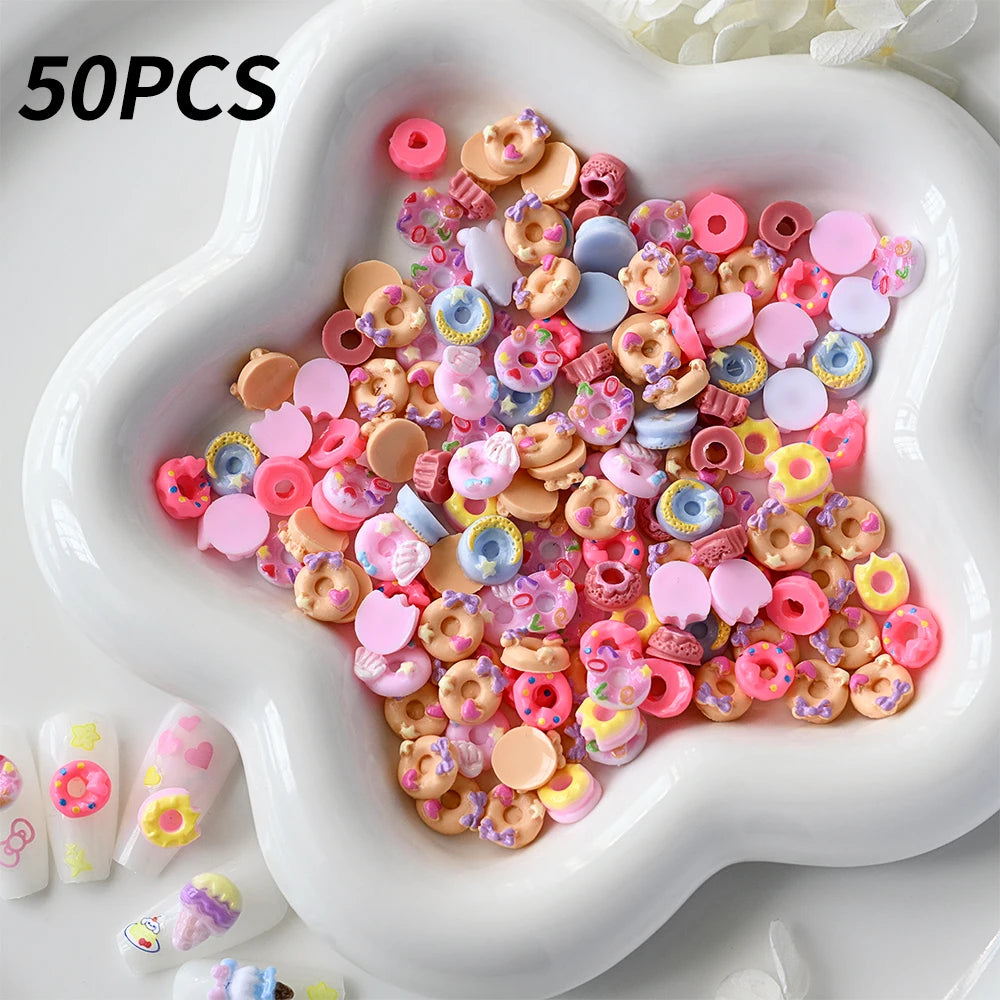 50Pcs 3D Mixed Kawaii Donuts Nail Art Charms Cartoon Dessert/Doughnut Nails Decorations for DIY Crafts Hair Manicure Accessories