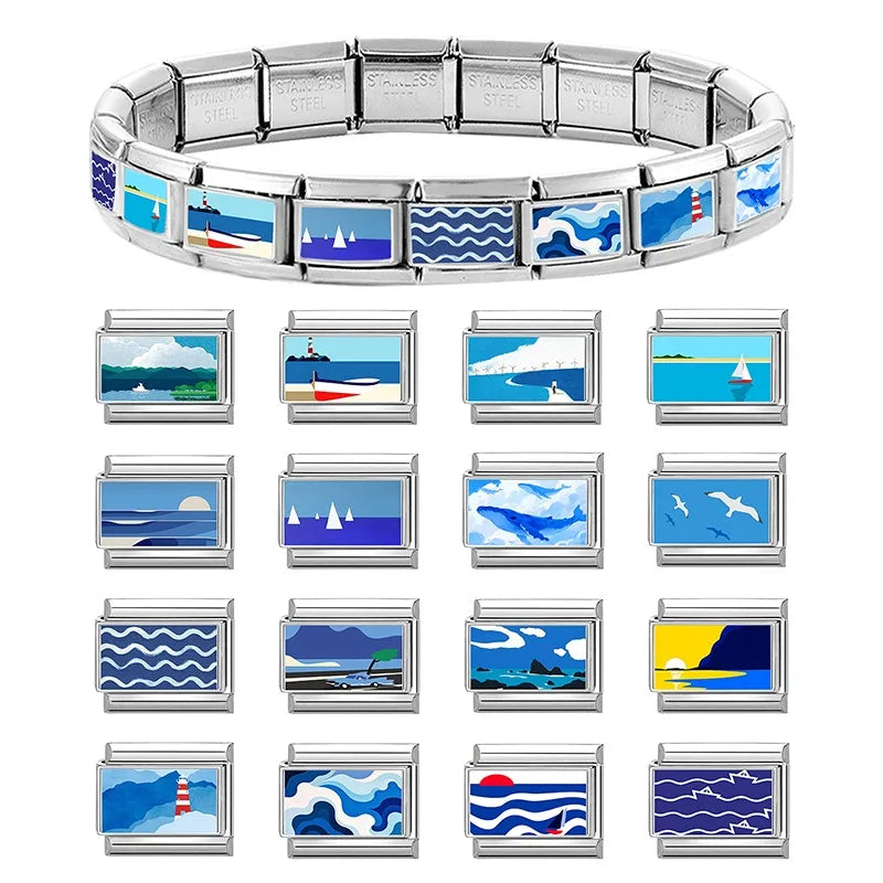 Fashion Seaside Scenery Seawave Sailing Boat Blue Italian Charm Links Fit 9mm Stainless Steel Bracelet Women Jewelry DIY Making