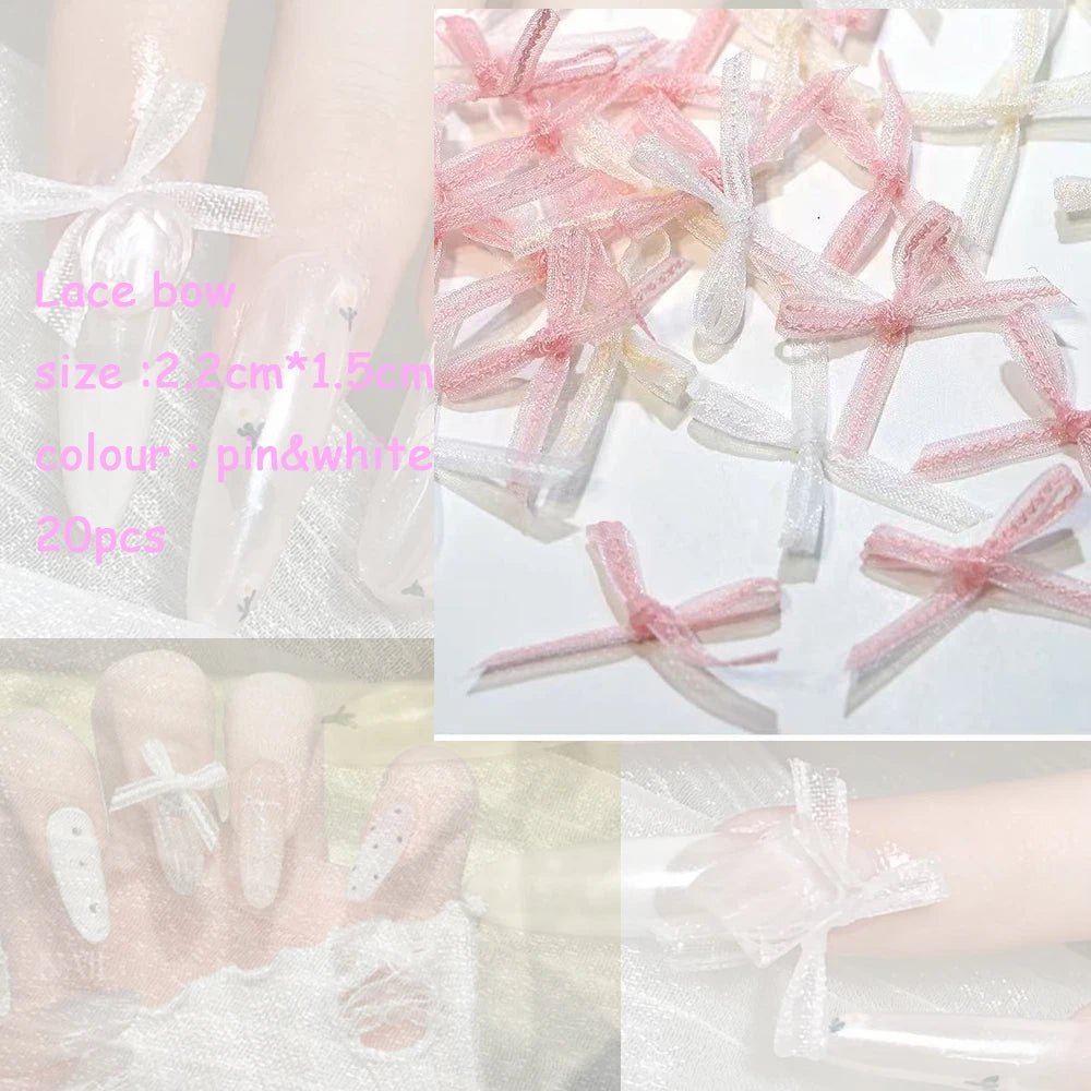 20pcs Lace Bow &30pcs 3D Mixed Size Pearl Resin Flower Pink Rose Nail Charms Accessories Nail Art Luxury Decoratons Supplies