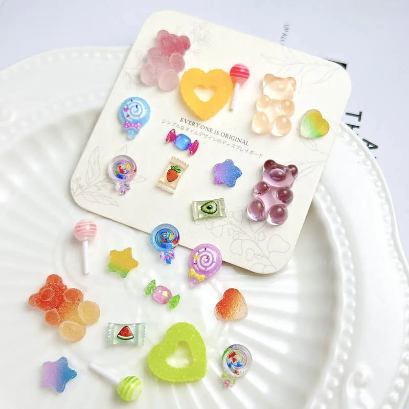 Colorful Candy Mixed Series Nail Art Charms Painted Lollipops Fudge Hearts Beas Nail Decorations Accessories for Manicure DIY
