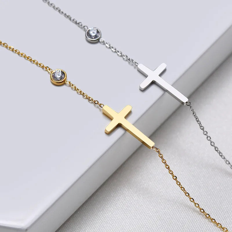 Huitan Simple Single Chain Bracelet for Women Fancy Cross Charm with Shiny CZ Fashion Versatile Female Hand Jewelry Wholesale