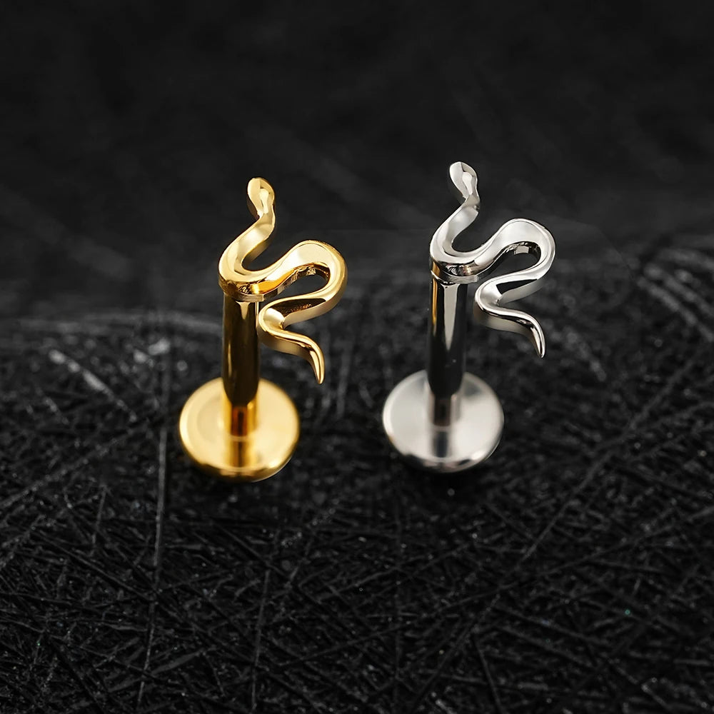 Right Grand ASTM F136 Titanium Mini Snake Cartilage Earring 16G Tiny Serpent Flat Back Labret Helix Tragus Stud Piercing Jewelry