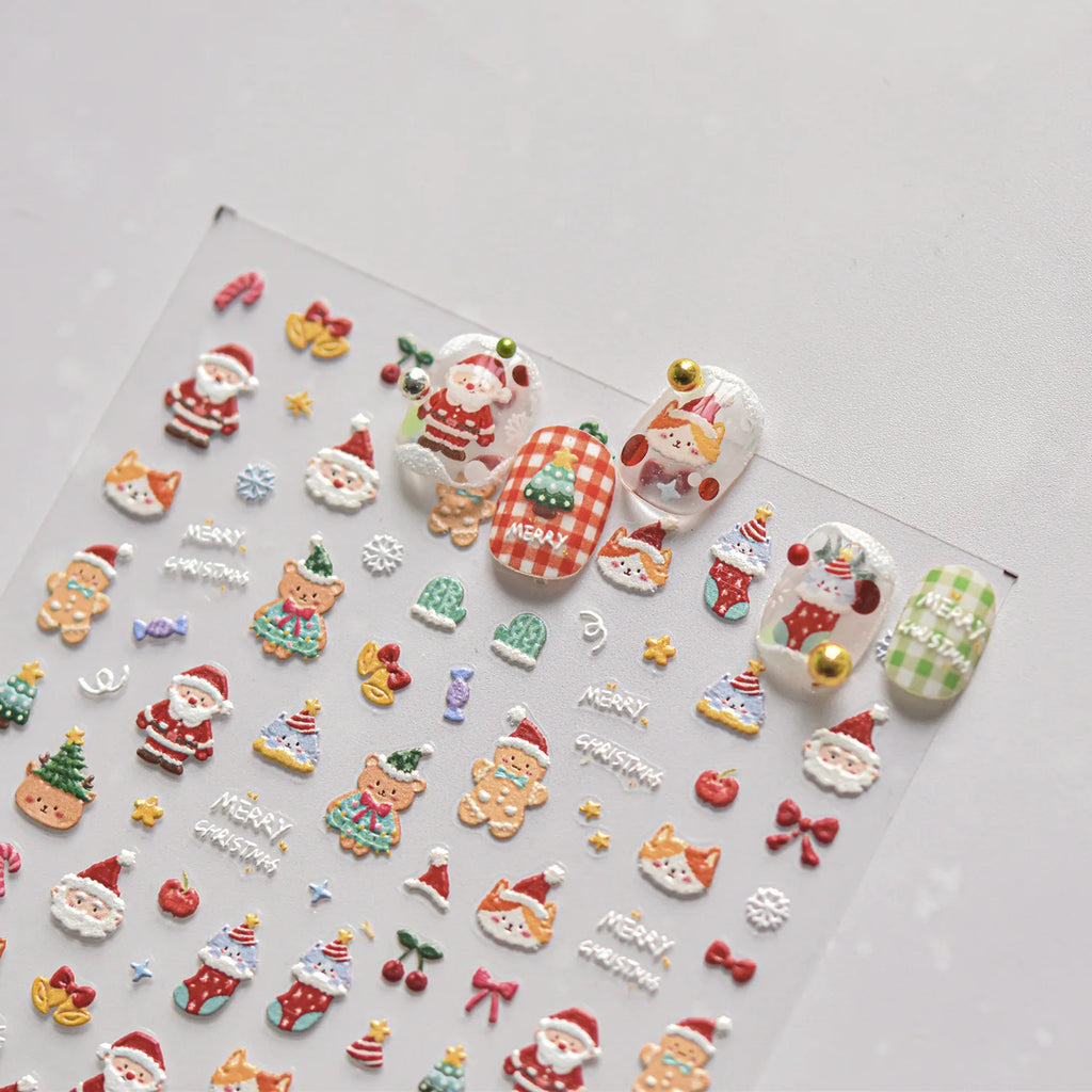Embossed Nail Stickers Mini Christmas Tree Snowflake Cute Cartoon Bear Puppy Cat Back Glue Nail Accessories 3D Decrations Decals