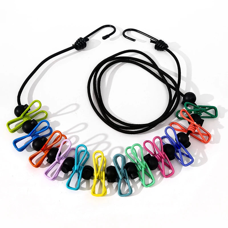 1.8 m portable elastic clothesline with 12 color clips, anti-slip, travel outdoor camping, windproof clothes drying rope