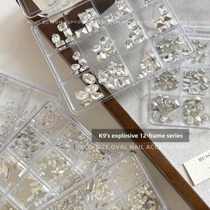 12 Grids Shiny Mixed Zircon Nail Rhinestones Round Transparent Nail Gems Irregular Nail Diamonds Manicure Decor Supplies