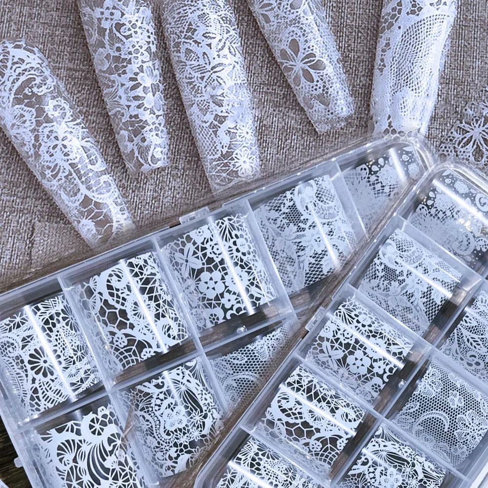 4X25cm-10rolls Sexy Black White Lace Nail Foils Untra-Thin White&Black Lace Flowers Nail Transfer Paper For Wedding Bride Decal
