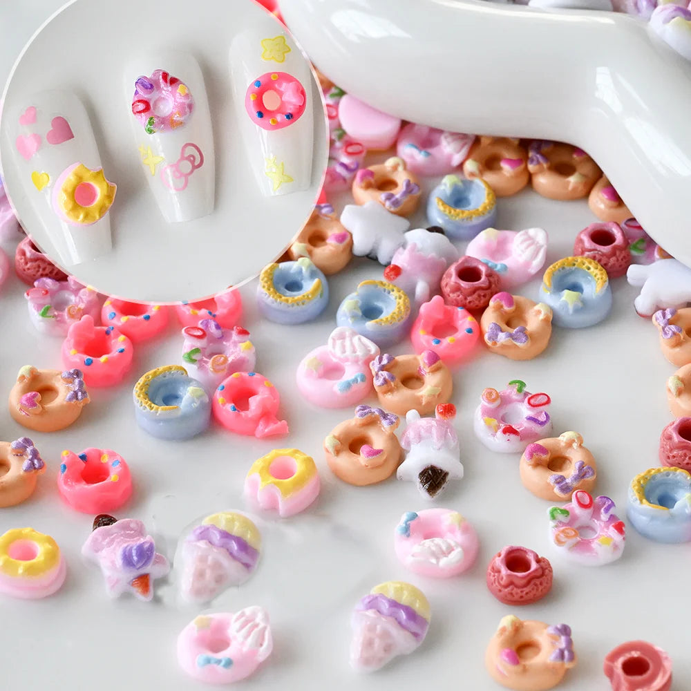 50Pcs 3D Mixed Kawaii Donuts Nail Art Charms Cartoon Dessert/Doughnut Nails Decorations for DIY Crafts Hair Manicure Accessories