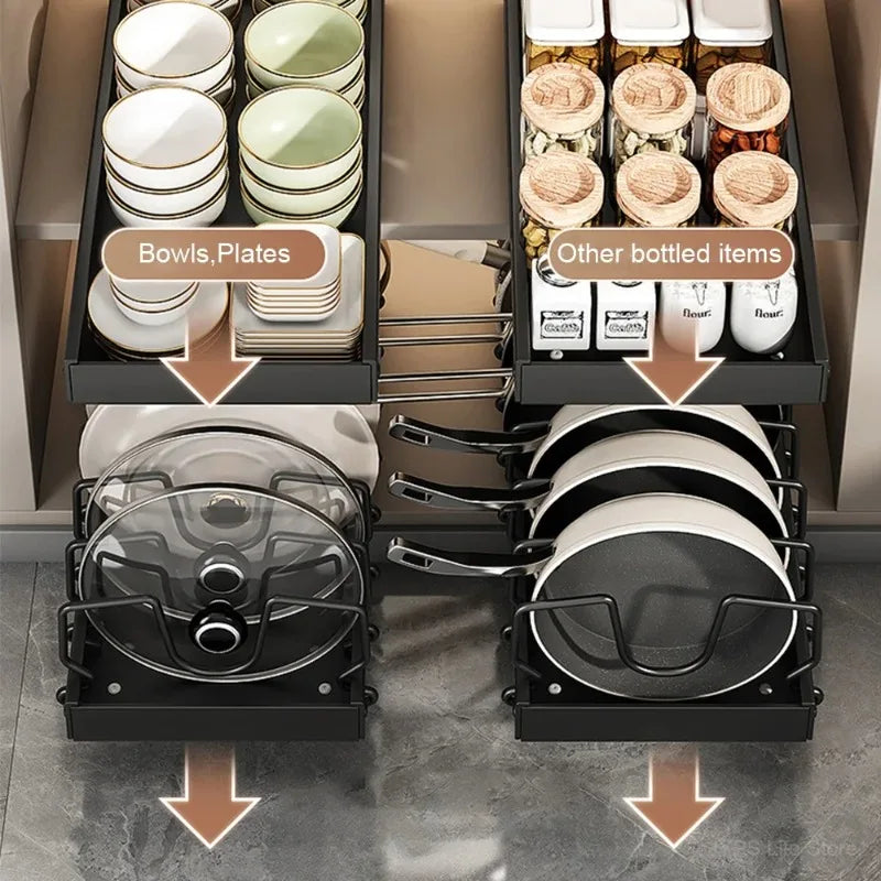 Pull‑out Sliding Kitchen Storage Rack Multifunctional Drawer Organizer for Pan Lids Spices Bowls Plates Cookware Storage