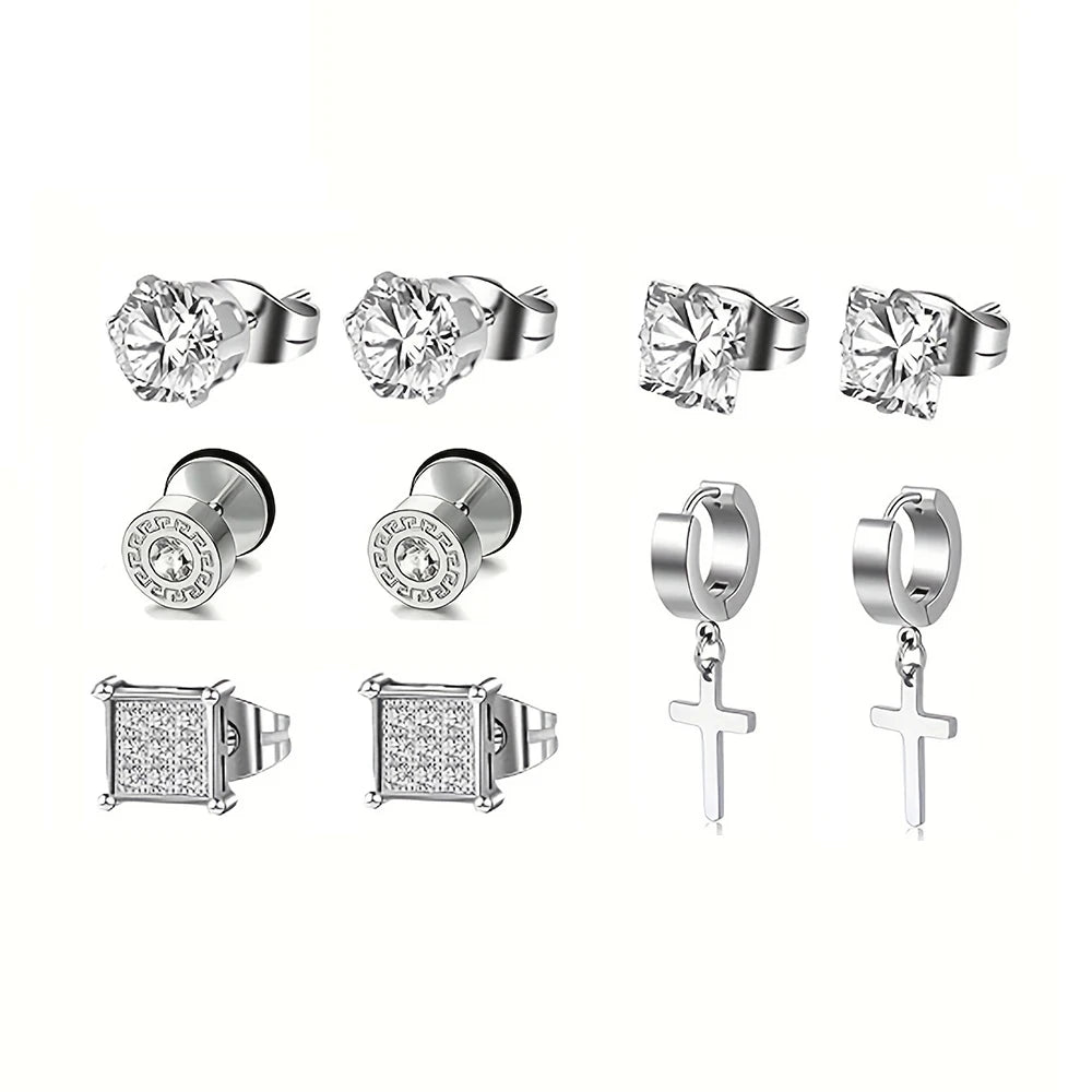 1-5 Pairs Stainless Steel Earrings Cross Dangle Hinged Earrings, Cubic Zirconia Stud Earrings For Men, Ear Piercing Jewelry