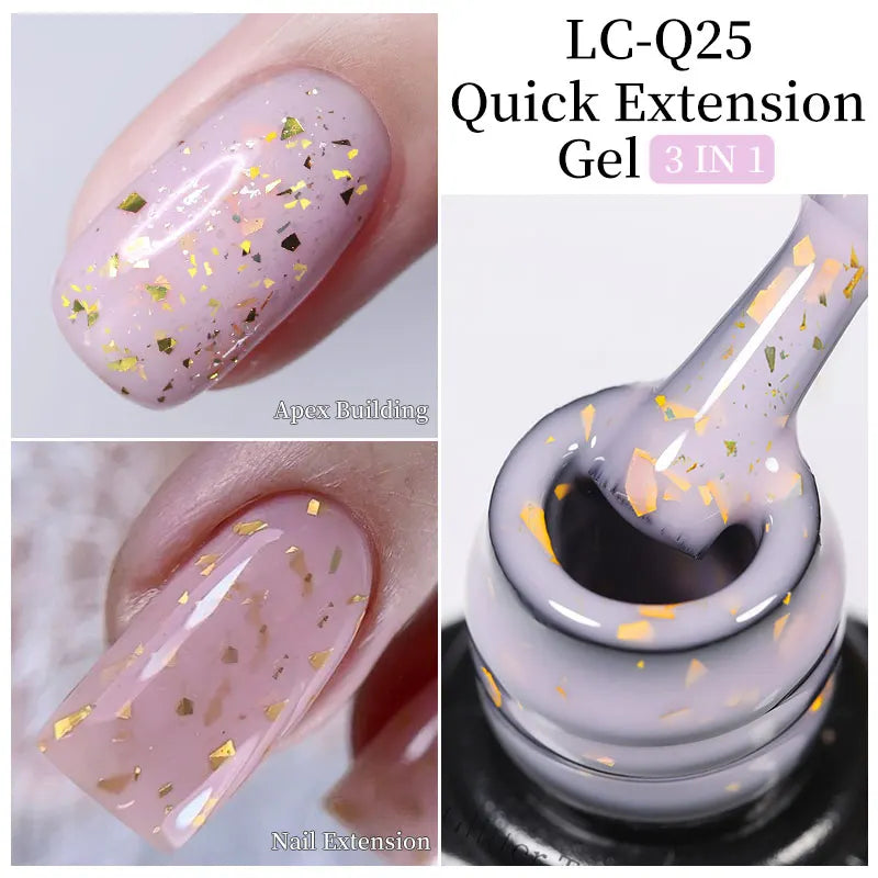 LILYCUTE Milky White Gold Sequins Quick Extension Rubber Base Gel Nail Polish Glitter Extend Construct Hard Gel Nail Art Varnish