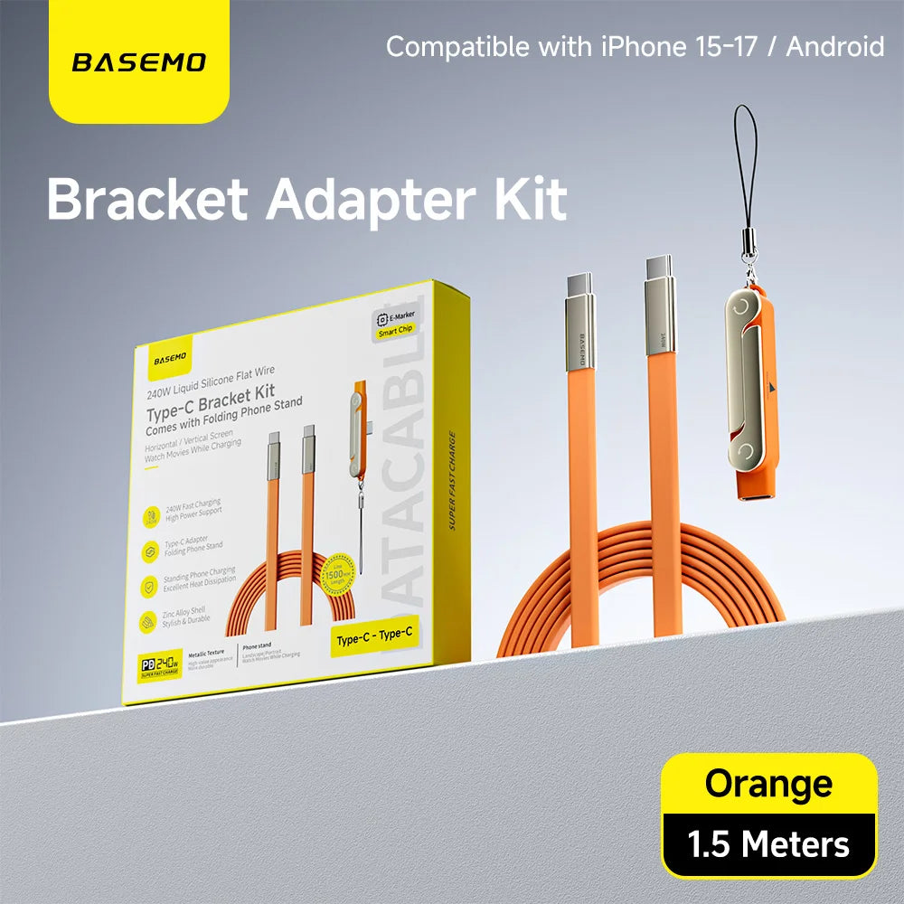 240W 2-in-1 Black/Orange Fast Charging Foldable Bracket Data Cable Type-C to Type-C Data Wire with Phone Tablet Stand