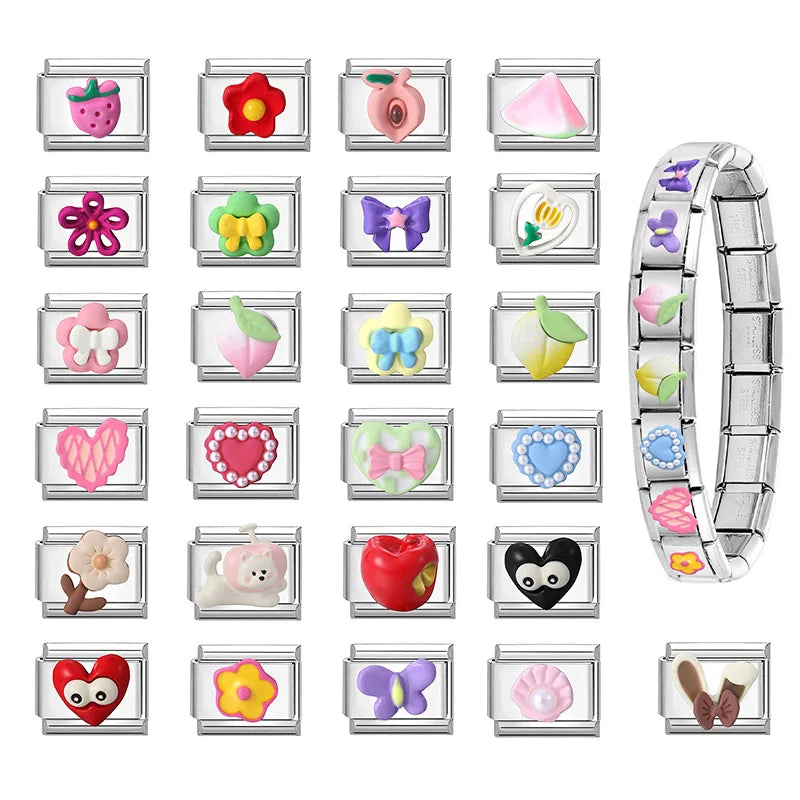 Cute Dog Heart Bow Peach Watermelon Rabbit Ear Italian Charm Links Fit 9MM Stainless Steel Bracelet Women Men Jewelry DIY Making