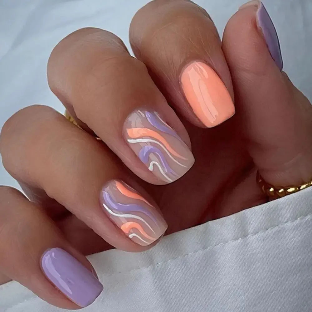24pcs Fashion Square Long False Nails French Rainbow Flowers Aurora Wavy Butterfly Fake Nails Full Cover Press on Nails Tips