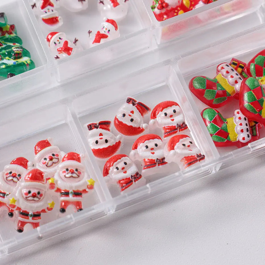 12grids Cartoon Mixed Resin Santa Claus Nails Decor Kawaii Christmas Snowman Elk Nail Charms Parts 3D Festival DIY Nail Supplies