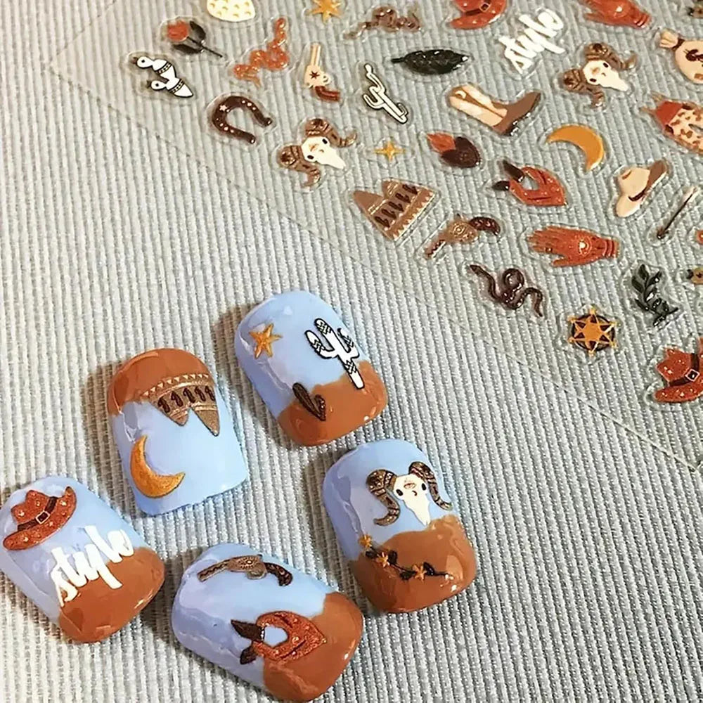 Morocco Style Exotic Nail Decals 5D Adhesive Nail Supplies Snake Cowboy Clothing Cow Nail Sticker Decals Women Manicure Slider