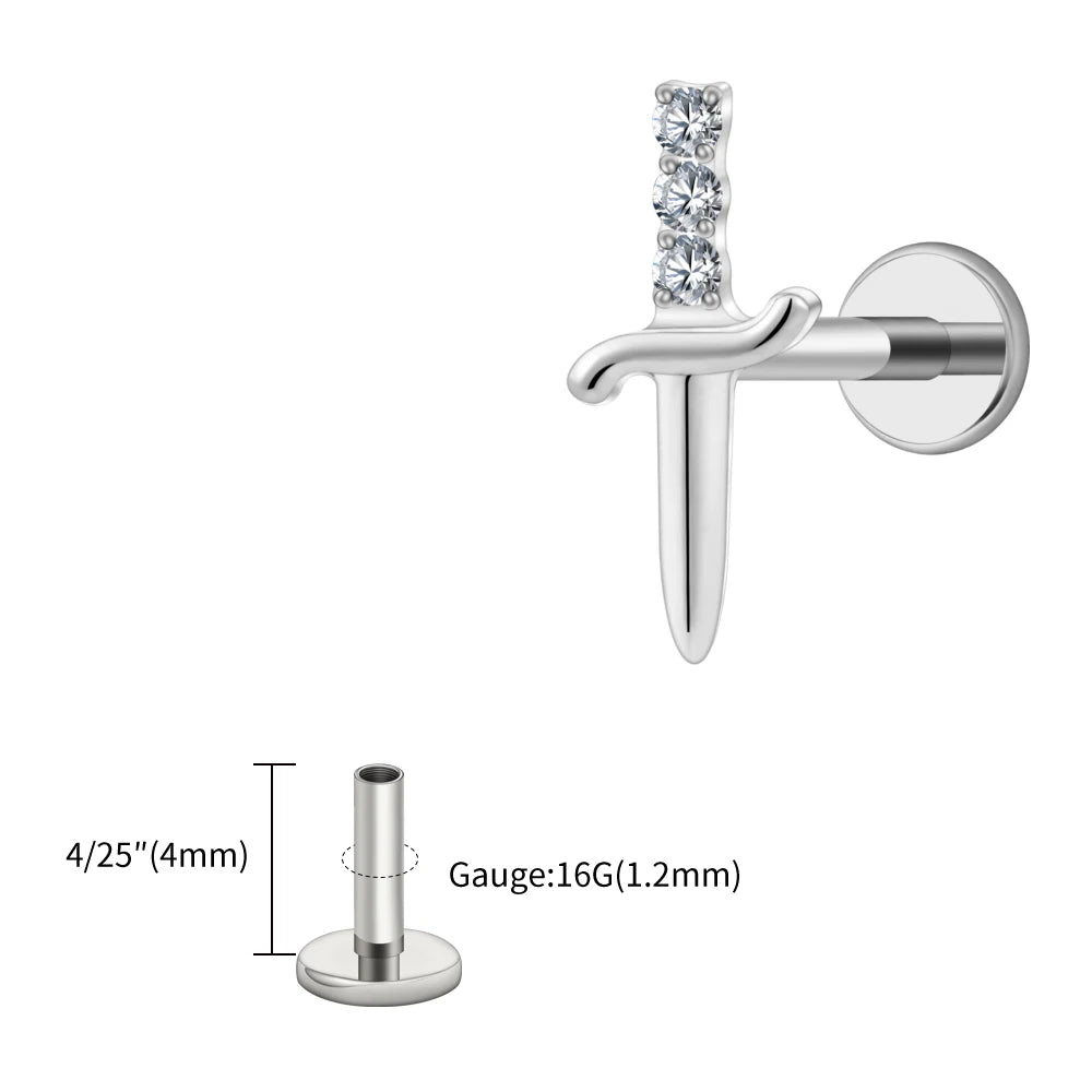 Right Grand ASTM F136 Titanium Cubic Zirconia Sword Flat Back Stud Earring 16G Tiny Poniard Helix Tragus Cartilage Lip Piercing