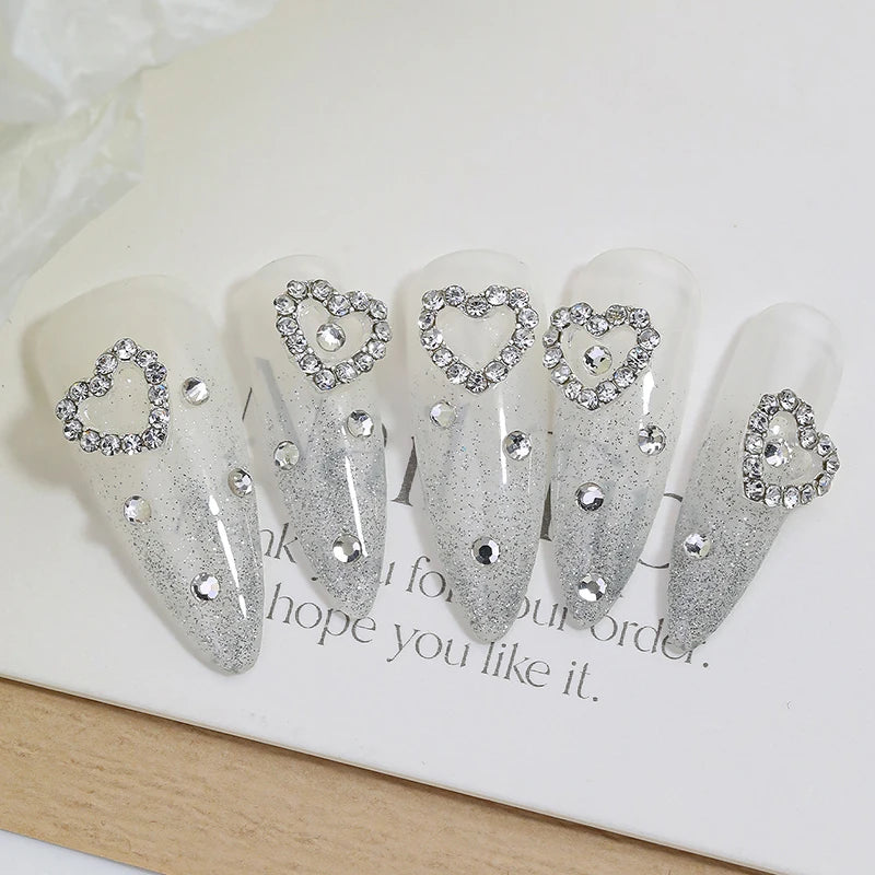 10pcs Silver Diamond Heart Shape Nail Art Charms 3D Nail Alloy Hollow-Out Crystal DIY Manicure Art Decoration Accessories