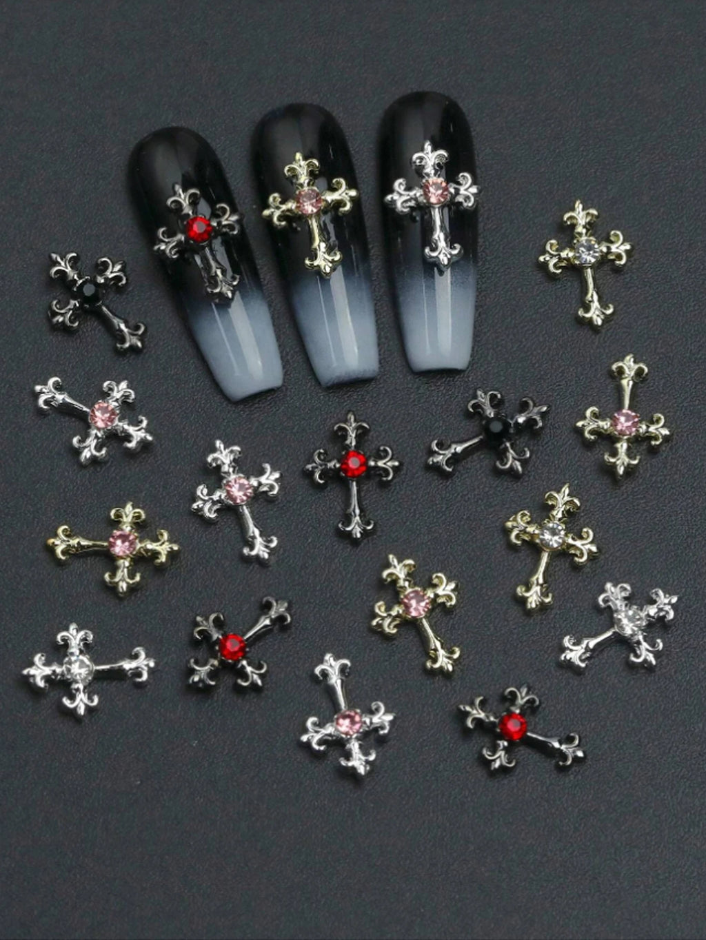 60pcsY2K Gold, Silver And Black Cross Nail Decoration Set With Rhinestones Black, White, Pink, Red Rhinestones Alloy Nail Art