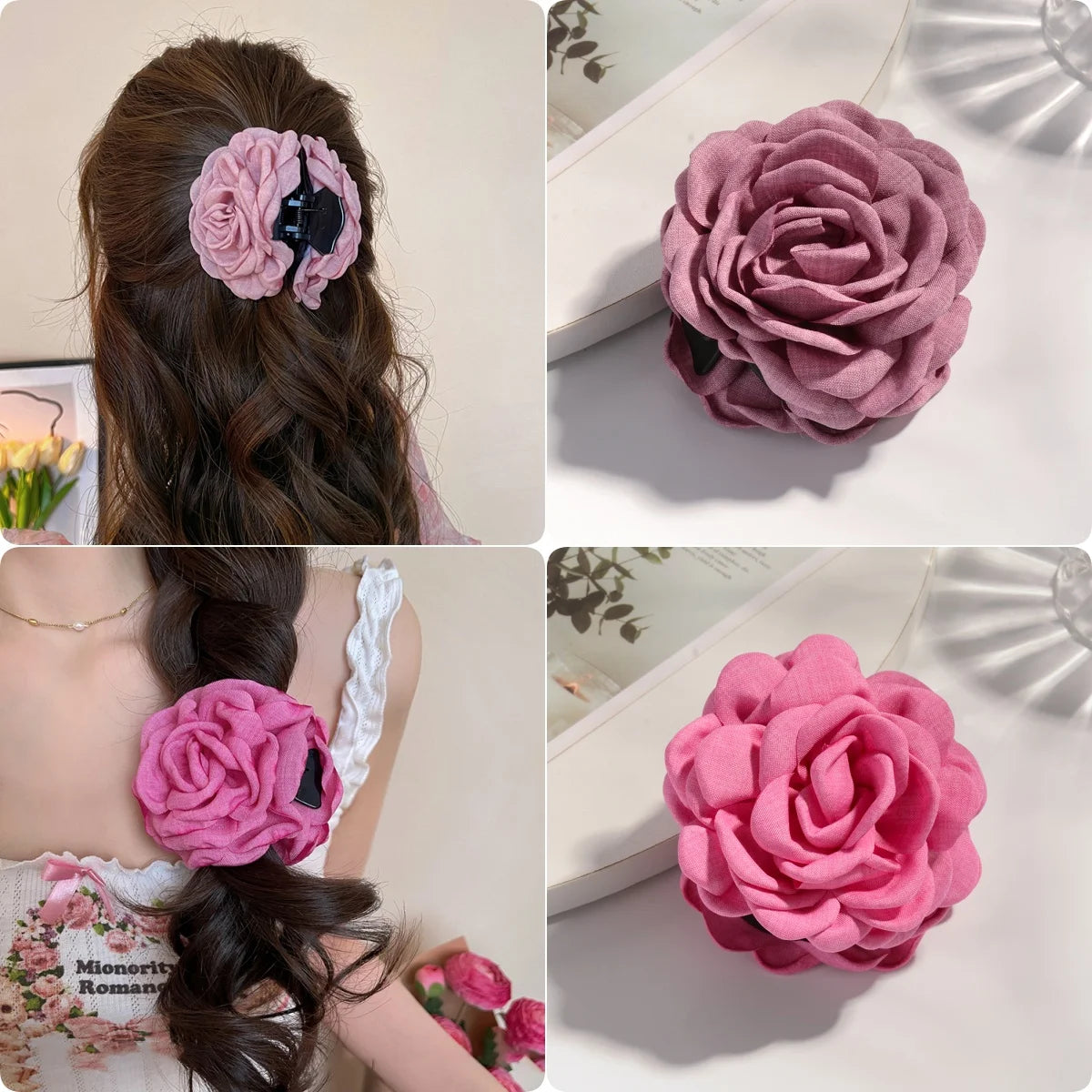 16 Colors Sweat Medium Size Cotton Fabric Rose Flower Hair Claw Clips for Women Korean Ctach Shark Clamp Hair Accessories 2024