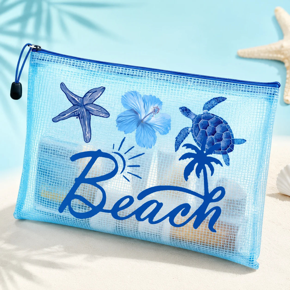 Blue Mesh Beach Pouch, Transparent Waterproof Zipper Travel Toiletry Bag for Women Swim Pool Vacation Organizer