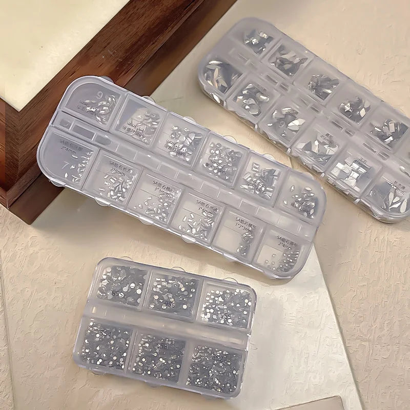 KANIU 1 Box Shiny Clear Crystal Gems Nail Rhinestones Glass AB Flat-bottomed Mixed Fancy-shaped Diamonds Manicure Decorative Set