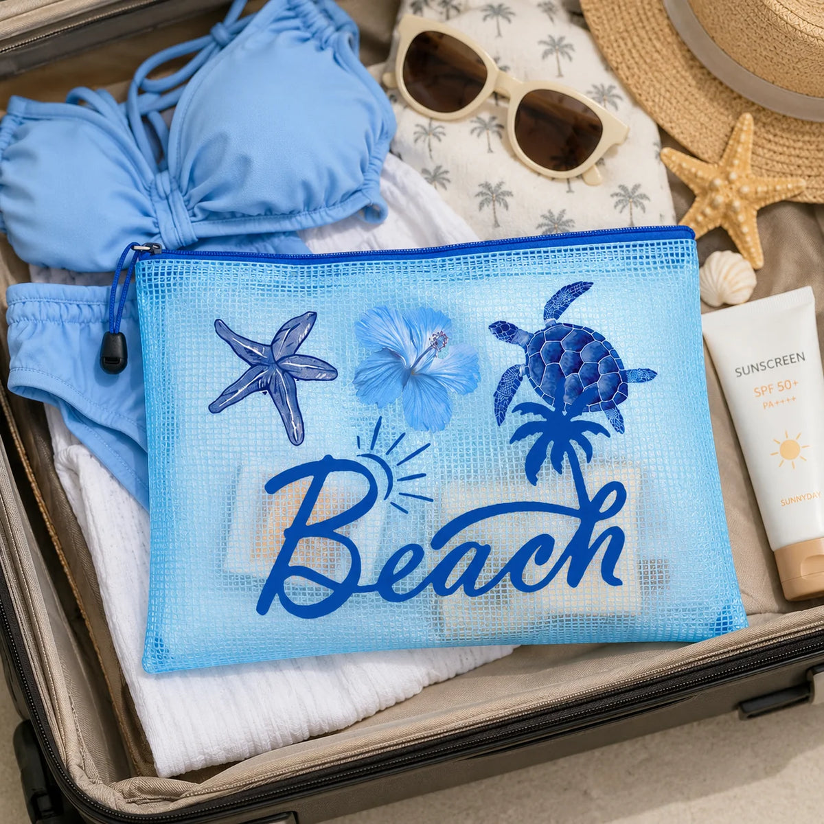 Blue Mesh Beach Pouch, Transparent Waterproof Zipper Travel Toiletry Bag for Women Swim Pool Vacation Organizer