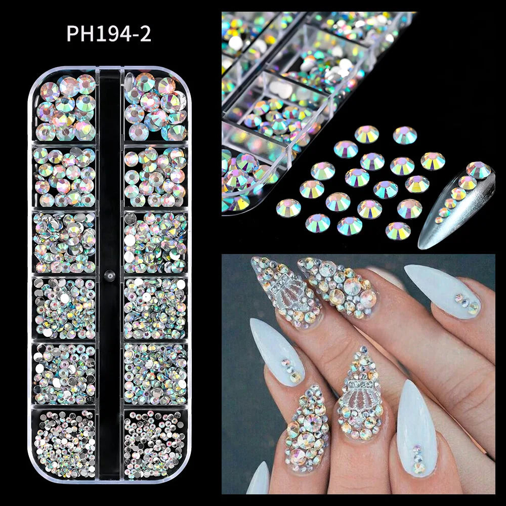12 Grids Mixed Size Luxury Nail Rhinestones Set 3D Resin AB Crystal Round Glass Bead Gems Nail Art Charms 2mm-6mm Nail Diamond