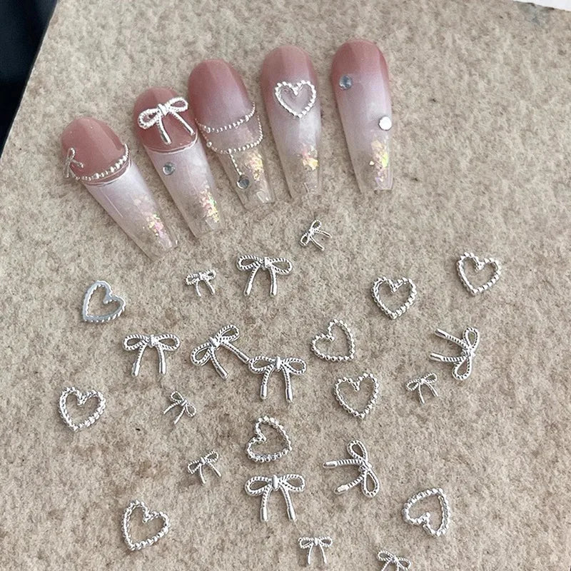 30Pcs Alloy Bowknot Love Nails Charms Decorations 3D Luxury Metal Silver Bows Jewelry Nail Art Parts DIY Manicure Designs Supply