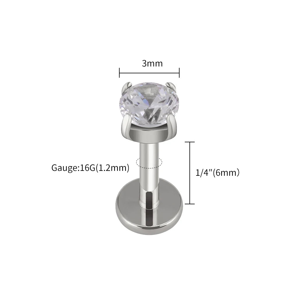 Right Grand ASTM F136 Titanium CZ Gem Internally Threaded Labret Monroe Lip Ring Tragus Nail Helix Earring Stud 16G 6/8/10mm Bar
