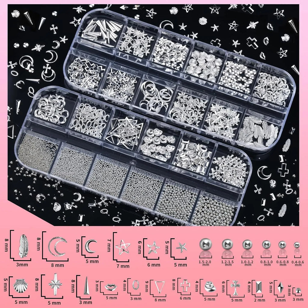 4 Box Nail Rhinestones Set, Silver Color Nail Jewelry, 3D Cross Heart Flat Backs, DIY Nail Art Accessories, Resin & Metal Charms