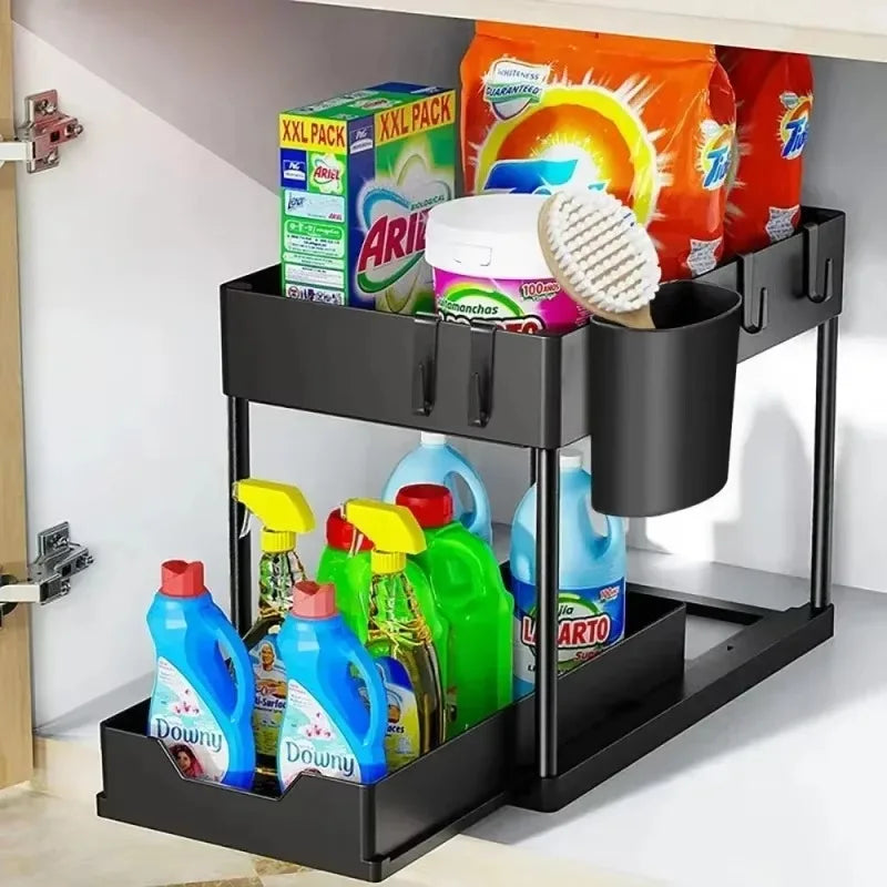 2 Tier Under Sink Organizer Sliding Cabinet Basket with Hooks Hanging Cup Kitchen Bathroom Space Saving Storage Rack