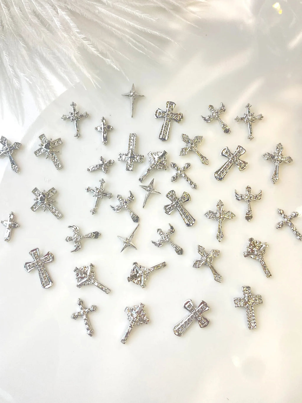 50pcs Punk Mix Shape Silver Cross Nail Art Charms INS 3D Cross with Wing Heart Nail Decoration Accessories DIY Design