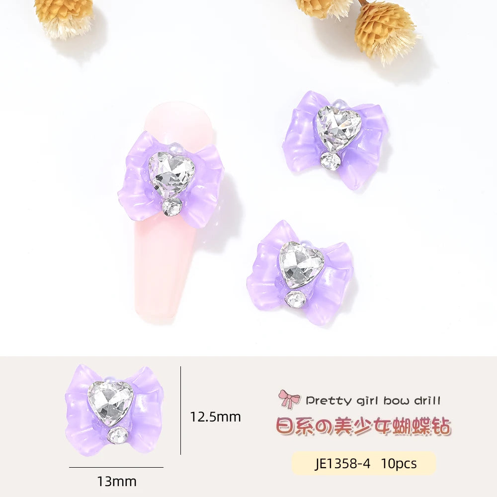 10pcs Resin Bowknots Glass Heart Diamonds Nail Charms Shiny Cute Bowknots Japanese Nail Jewelry Women Nail Art Decor Accessories
