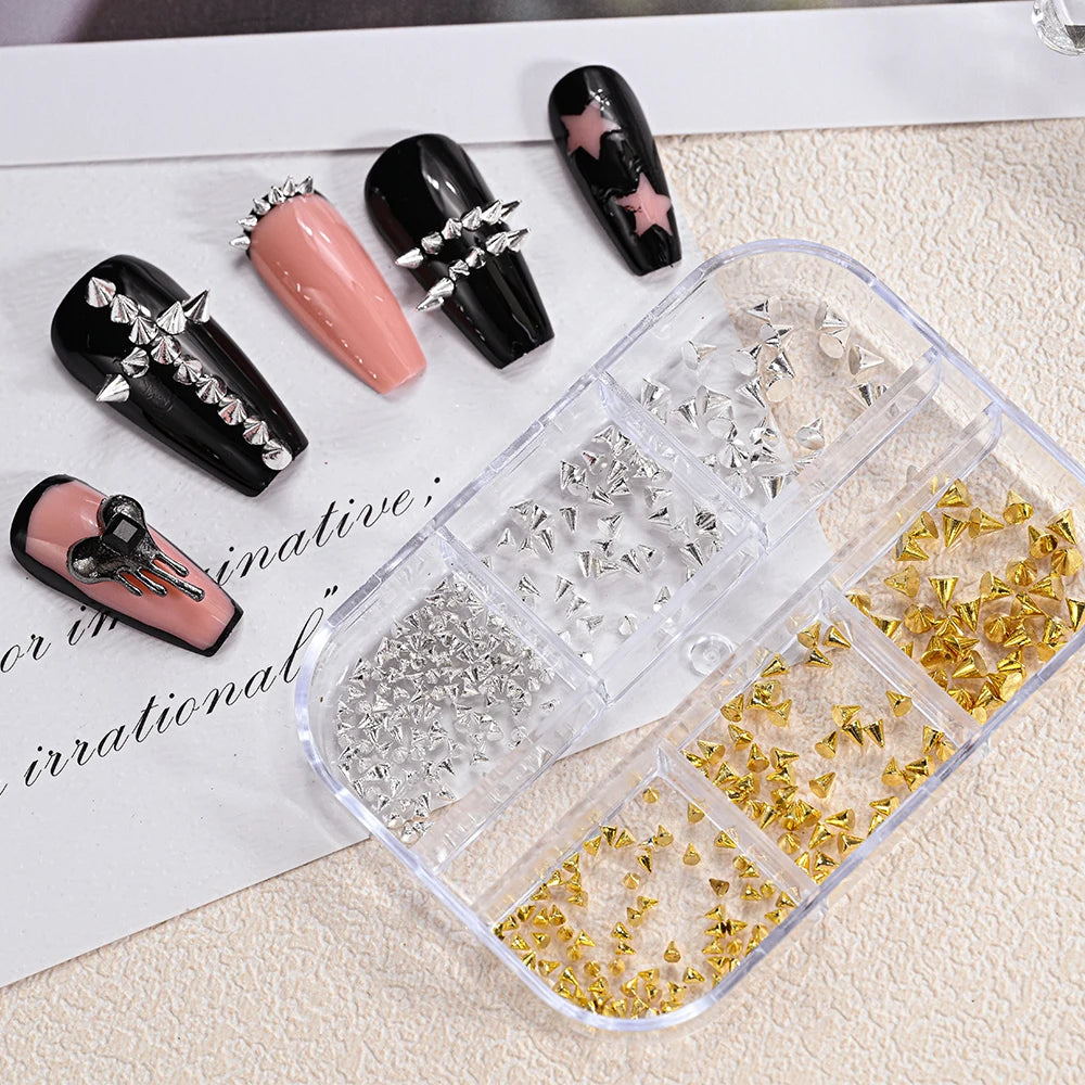 6Grids Halloween Punk Rivets Nail Art Charms Gold/Silver/Black Cone Spike Studs Nails Decorations DIY Cool Manicure Accessories